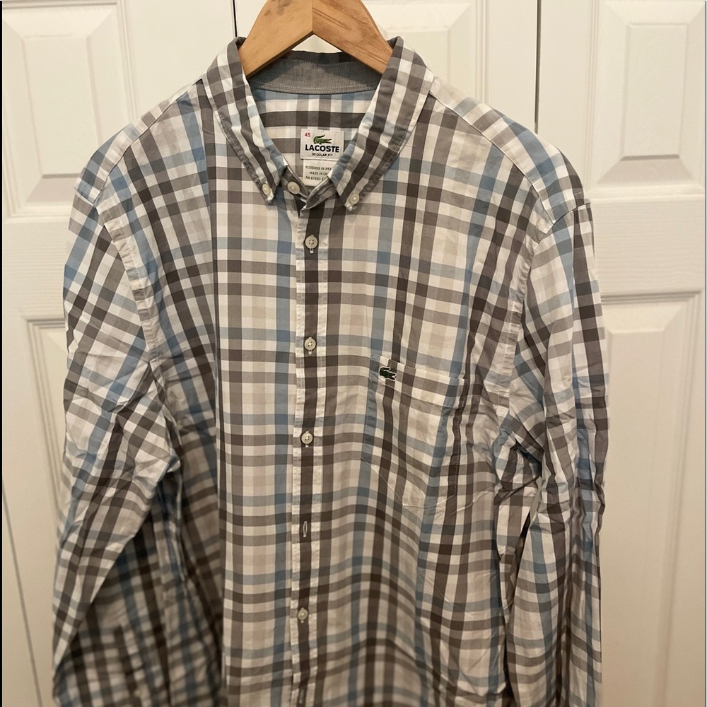 Lacoste Men’s Button Down Shirt Checkered Blue Gray Size 45(XL/XXL)
